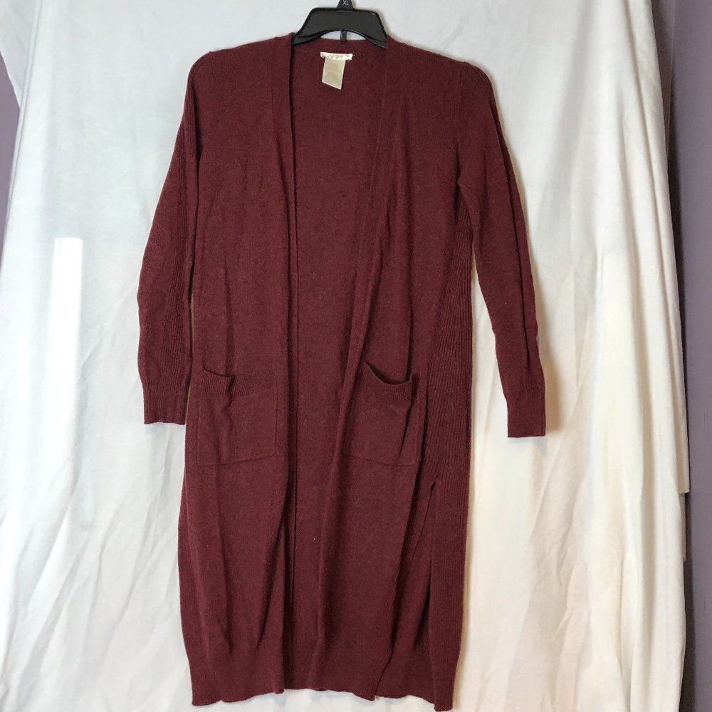 Matty M Women's Size S Burgundy Cotton Blend Open Long Cardigan Side Slit